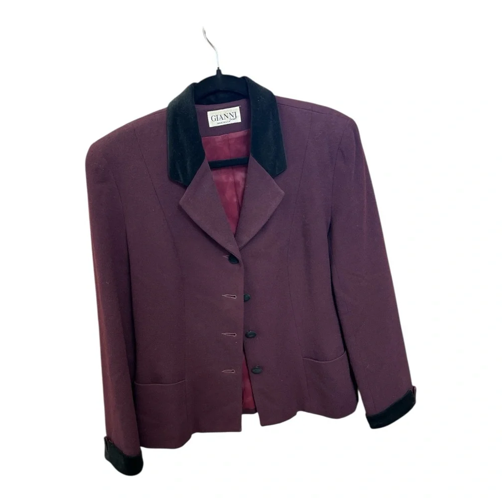 Vintage Gianni Sport Wool Blazer with Black Velvet Accents  (Size 10) Burgundy - Picture 2 of 9